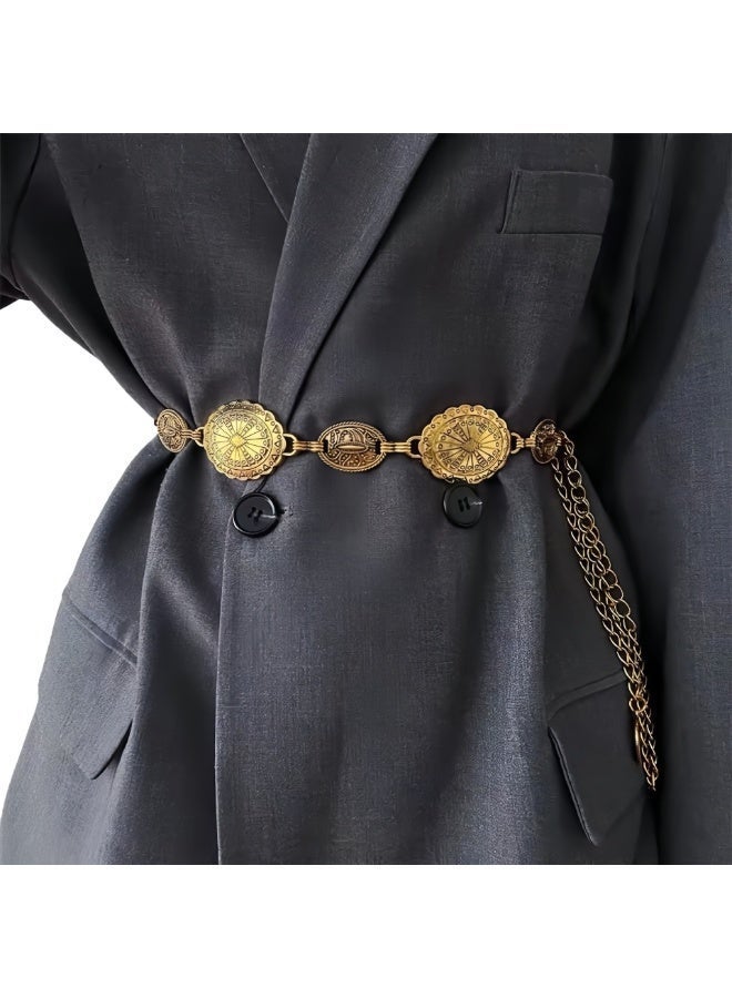 أوليس فيرس  طقم سلسلتين قابل للتعديل للخصر للنساء - حزام جسم من السبائك الفضة والذهب | تصميم عملة عتيقة، مثالي للفساتين، التنانير والجينز - Image 5